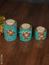 Wooden Candle Holder With Tile Work ( Set Of 3) - Wl2178 Candles And Votives