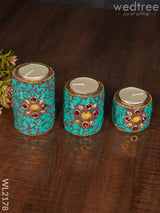 Wooden Candle Holder With Tile Work ( Set Of 3) - Wl2178 Candles And Votives