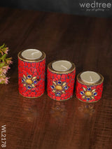 Wooden Candle Holder With Tile Work ( Set Of 3) - Wl2178 Candles And Votives