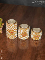 Wooden Candle Holder With Tile Work ( Set Of 3) - Wl2178 Candles And Votives