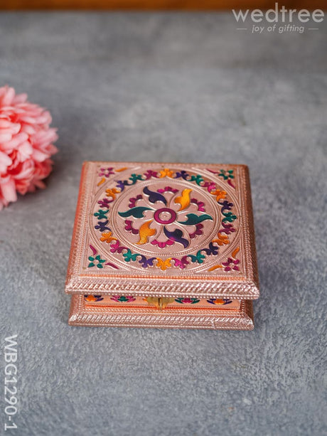 Wooden Dry Fruit Box With Meenakari Floral Design - Wbg1290 Rose Gold