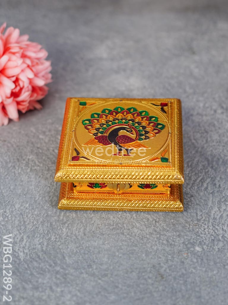 Wooden Dry Fruit Box With Meenakari Peacock Design - Wbg1289 Gold