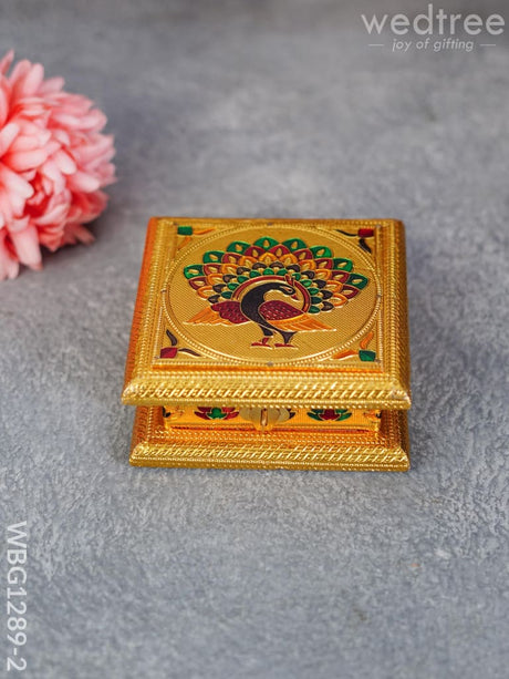 Wooden Dry Fruit Box With Meenakari Peacock Design - Wbg1289 Gold