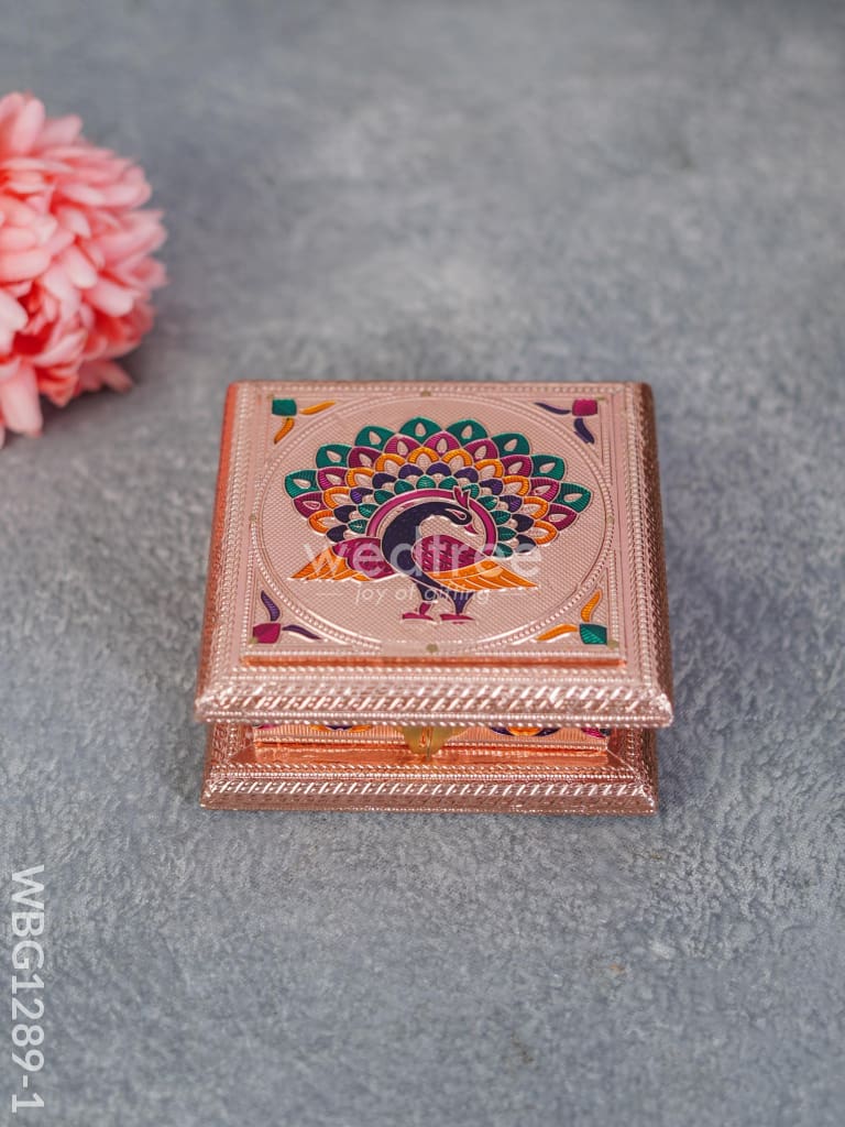 Wooden Dry Fruit Box With Meenakari Peacock Design - Wbg1289 Rose Gold