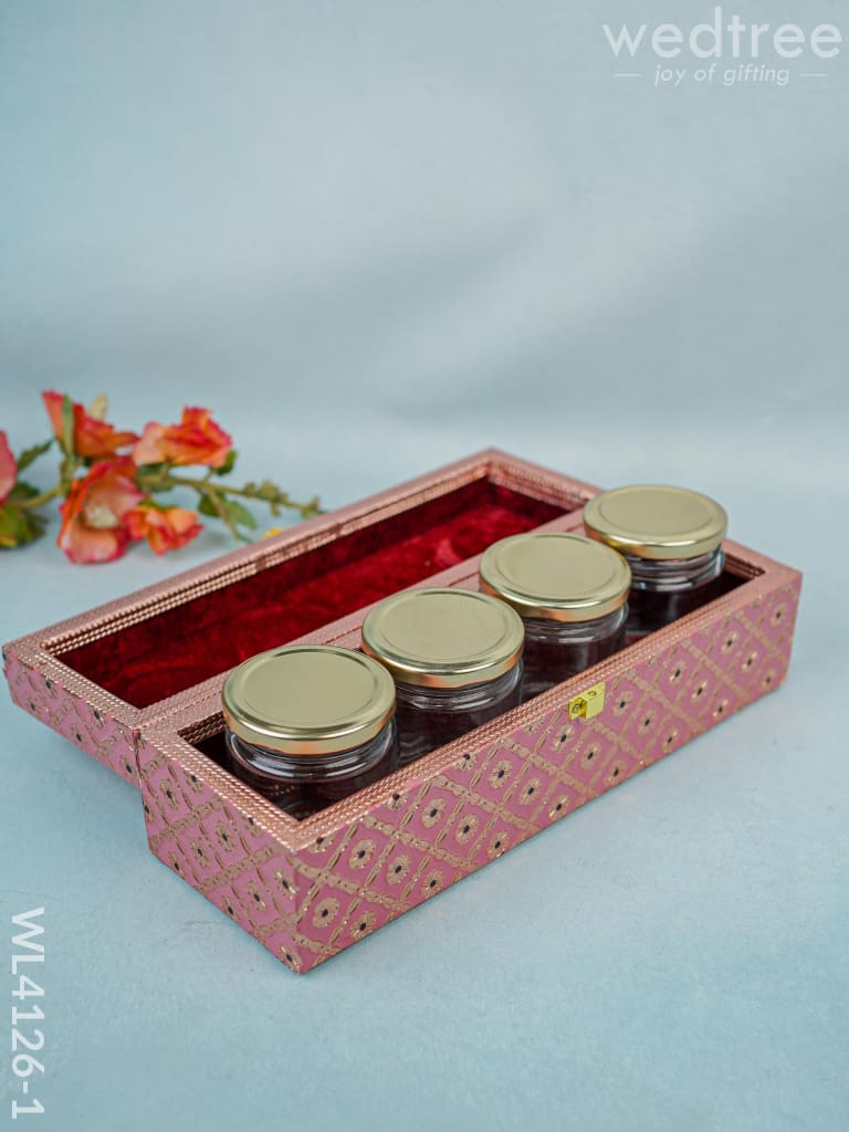 Wooden Dry Fruit Container With 4 Glass Jars - Meenakari Work Wl4126-1 Utility