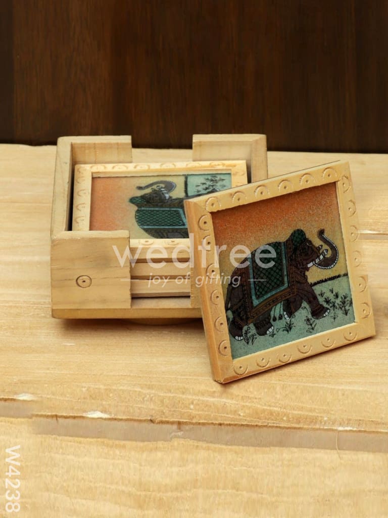 Wooden Hand Painted Coasters (Set Of 4) With A Revolving Stand - W4238 Home Decors