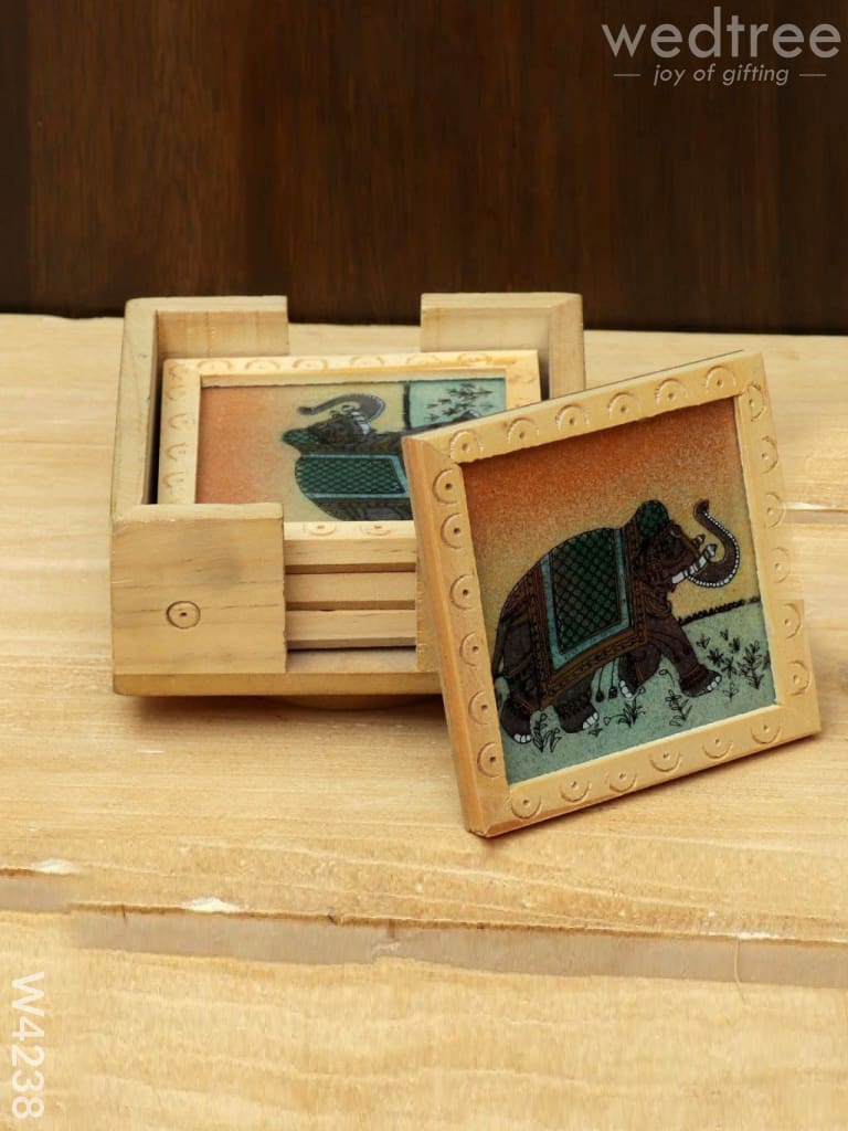 Wooden Hand Painted Coasters (Set Of 4) With A Revolving Stand - W4238 Home Decors