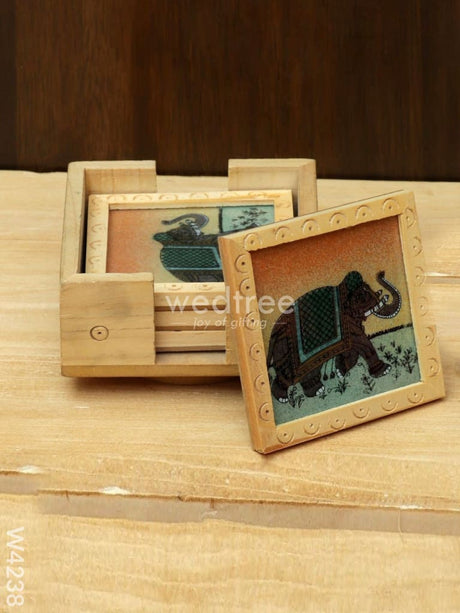 Wooden Hand Painted Coasters (Set Of 4) With A Revolving Stand - W4238 Home Decors