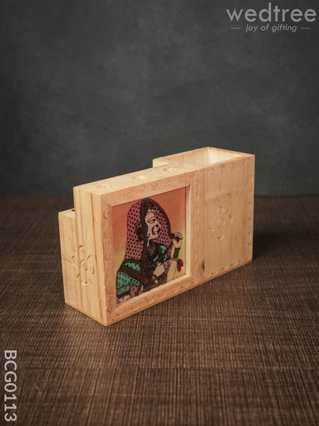 Wooden Hand Painted Pen Stand With Card Holder - Bcg0113 Organisers