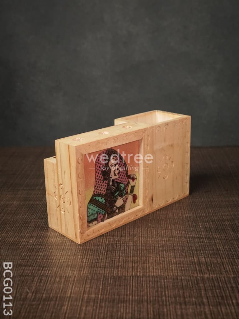 Wooden Hand Painted Pen Stand With Card Holder - Bcg0113 Organisers