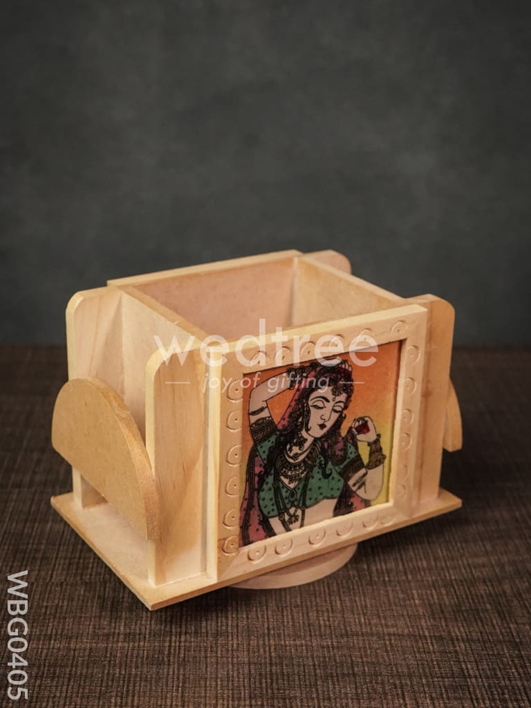 Wooden Hand Painted Revolving Pen Stand With Card Holder - Wbg0405 Utility