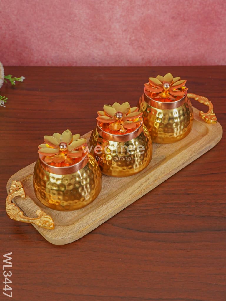 Wooden Plate With 3 Brass Dry Fruit Box - Wl3447 Copper Utility