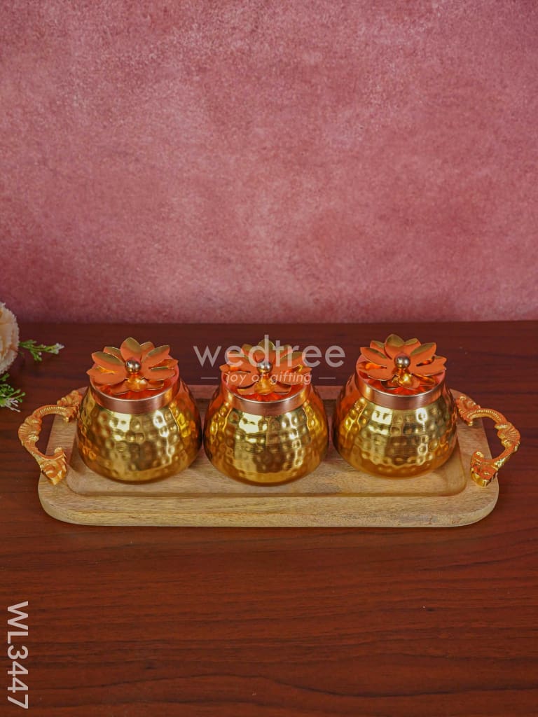 Wooden Plate With 3 Brass Dry Fruit Box - Wl3447 Copper Utility