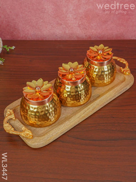 Wooden Plate With 3 Brass Dry Fruit Box - Wl3447 Copper Utility